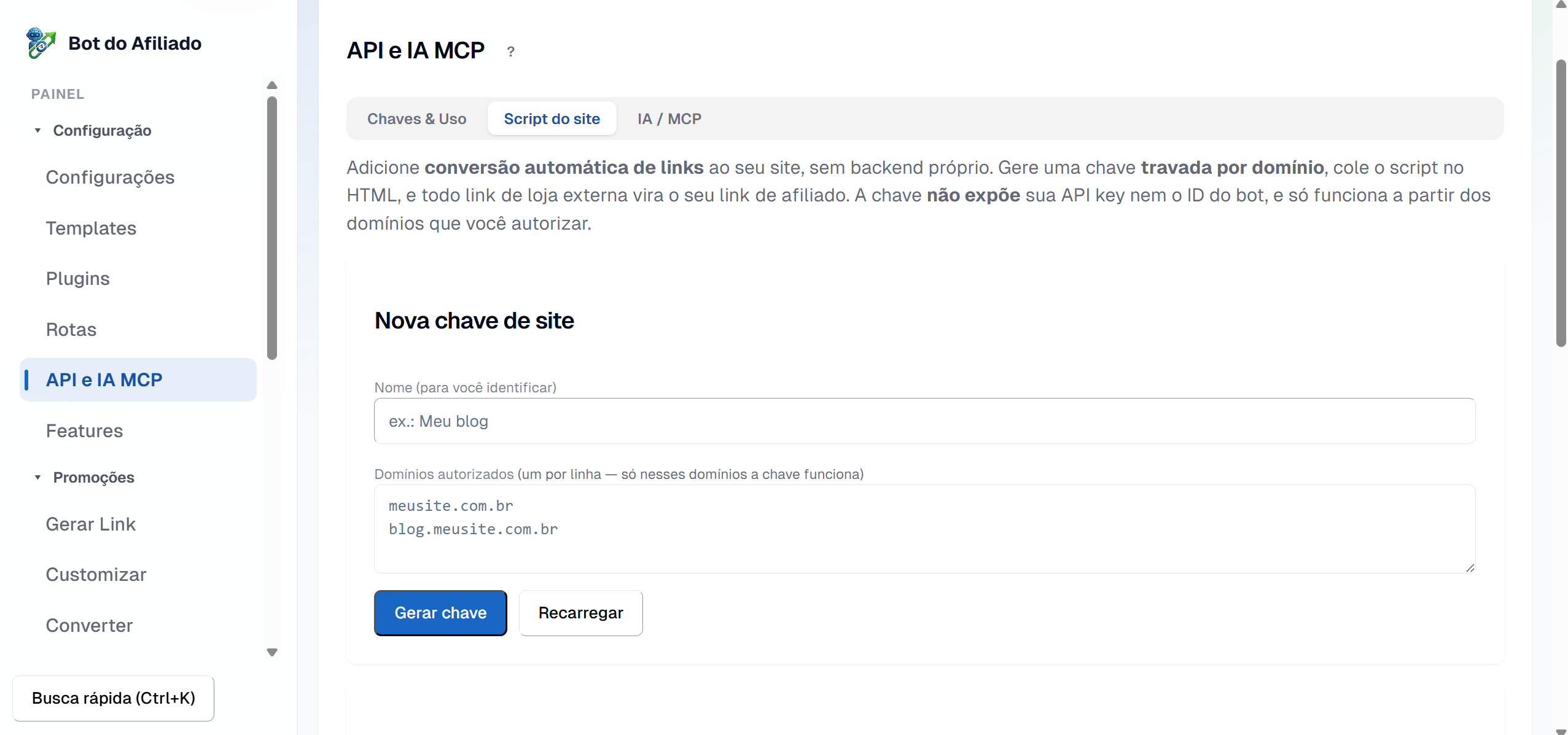 Aba Script do site no painel: campo de nome e domínios autorizados para gerar a Embed Key