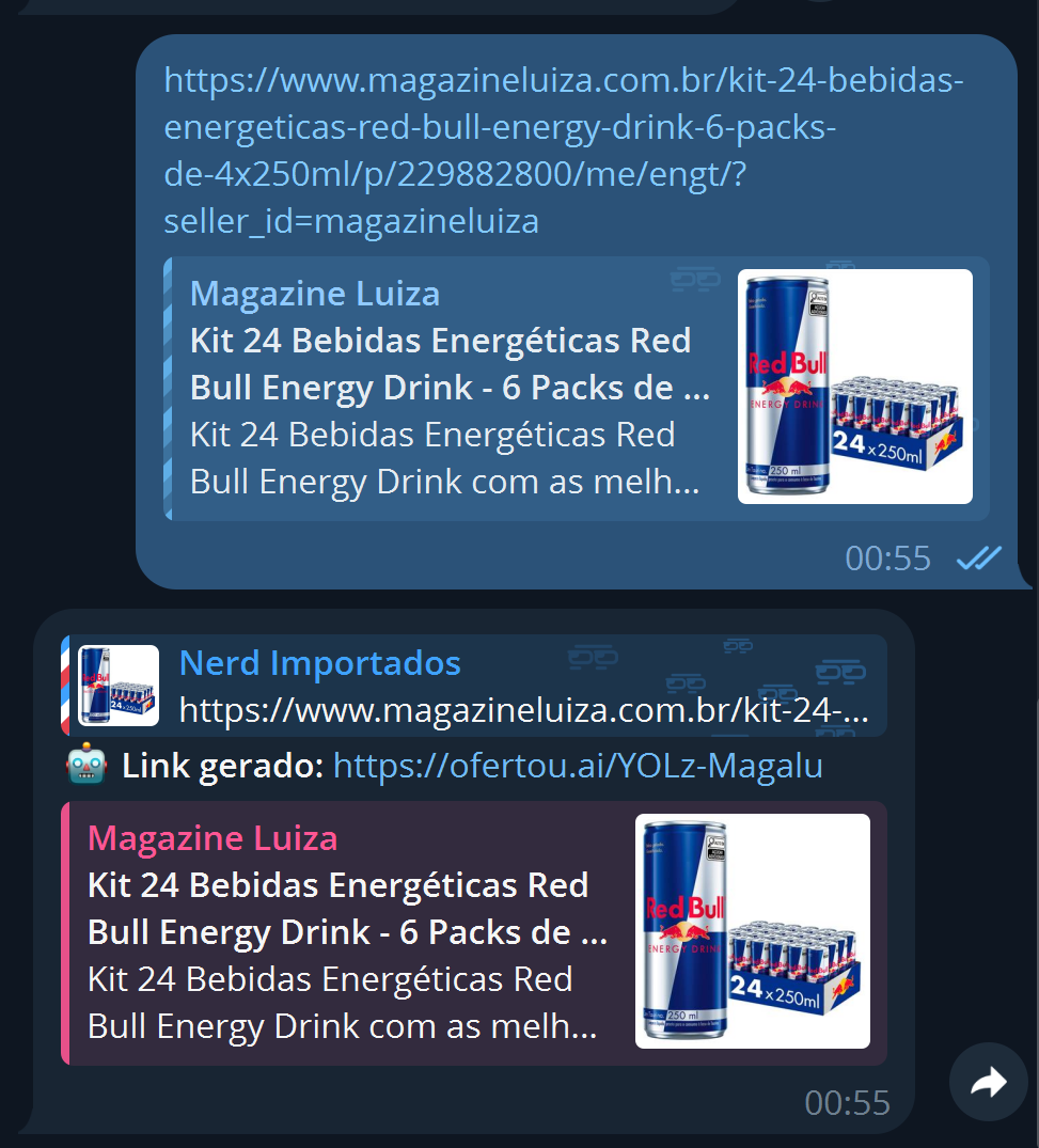 Conversa no Telegram: link de loja enviado e o bot respondendo com o link de afiliado encurtado