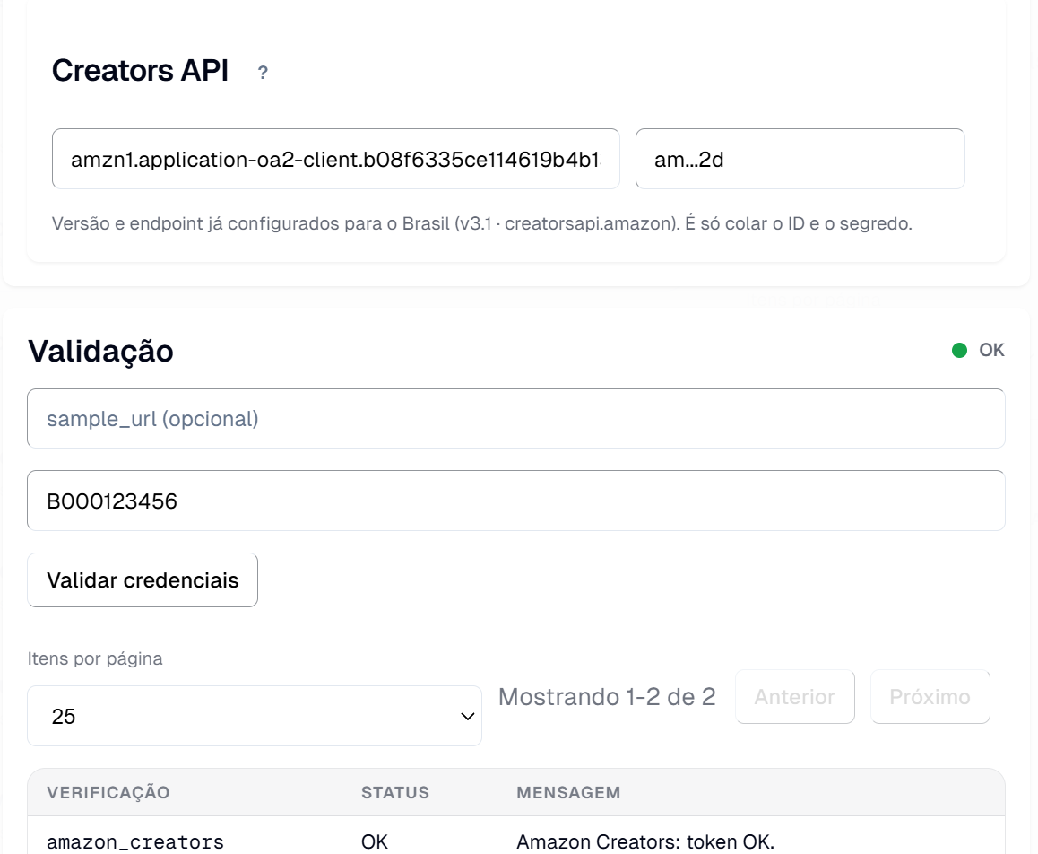 Formulário Amazon no painel preenchido e com a validação OK