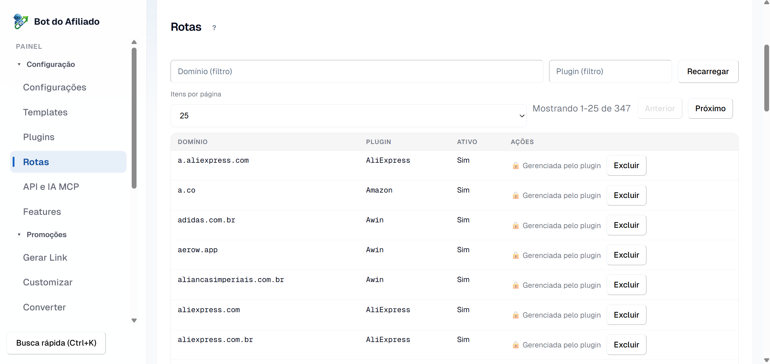 Tela Rotas do painel: as lojas importadas pelos plugins aparecem como rotas (uma por domínio), marcadas como gerenciadas pelo plugin e com a opção de excluir