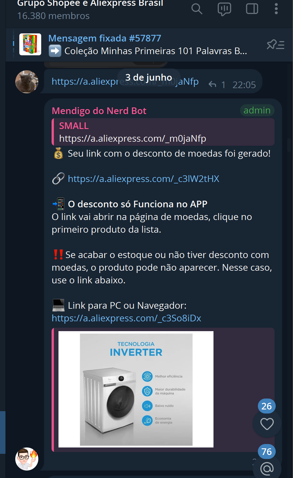 Bot gerando o link de desconto de moedas do AliExpress, com link de app e alternativa para PC