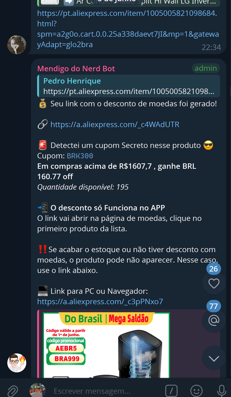 Conversa no Telegram: link enviado e o bot respondendo com a versão convertida, preço e cupom