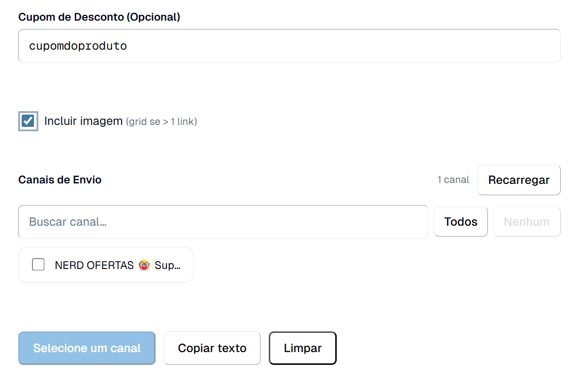 Seletor de canais de envio do Formatador, com a busca de canal e os botões Todos e Nenhum