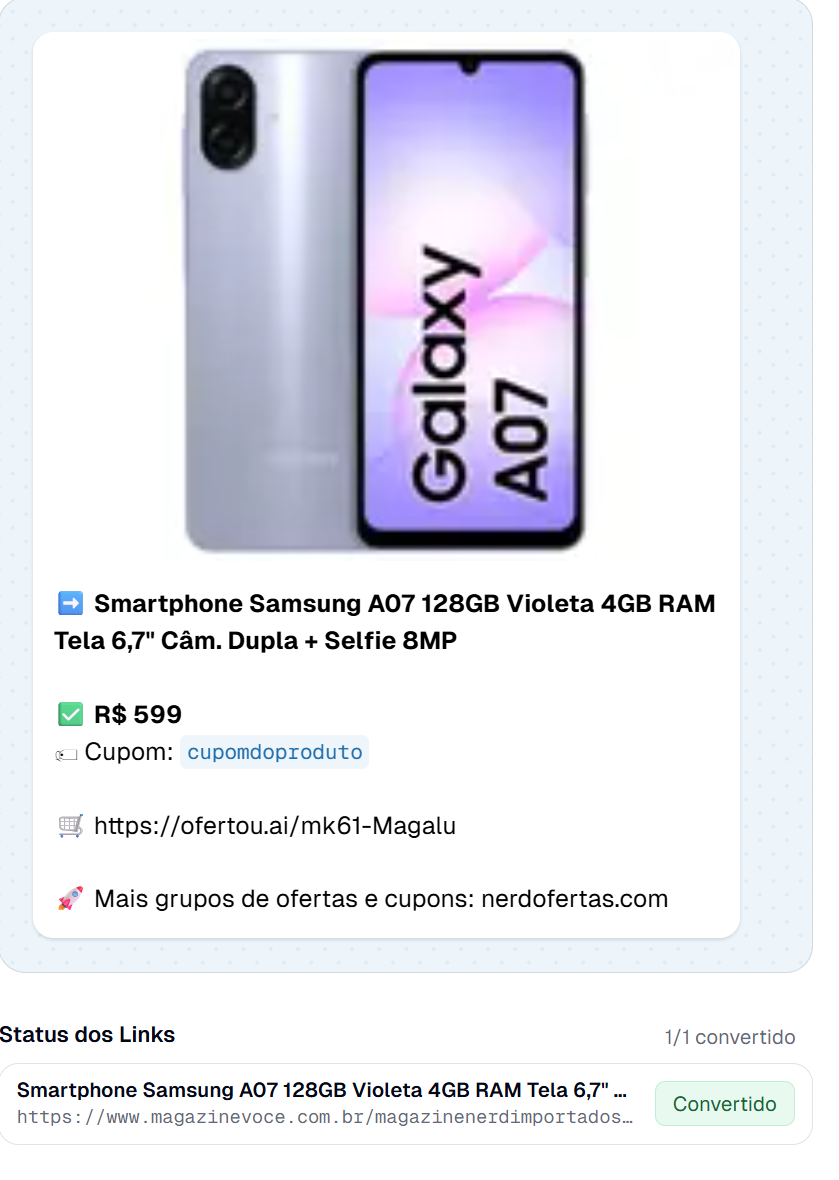 Prévia do Telegram com a oferta montada: imagem do produto, título, preço, cupom e link de afiliado encurtado